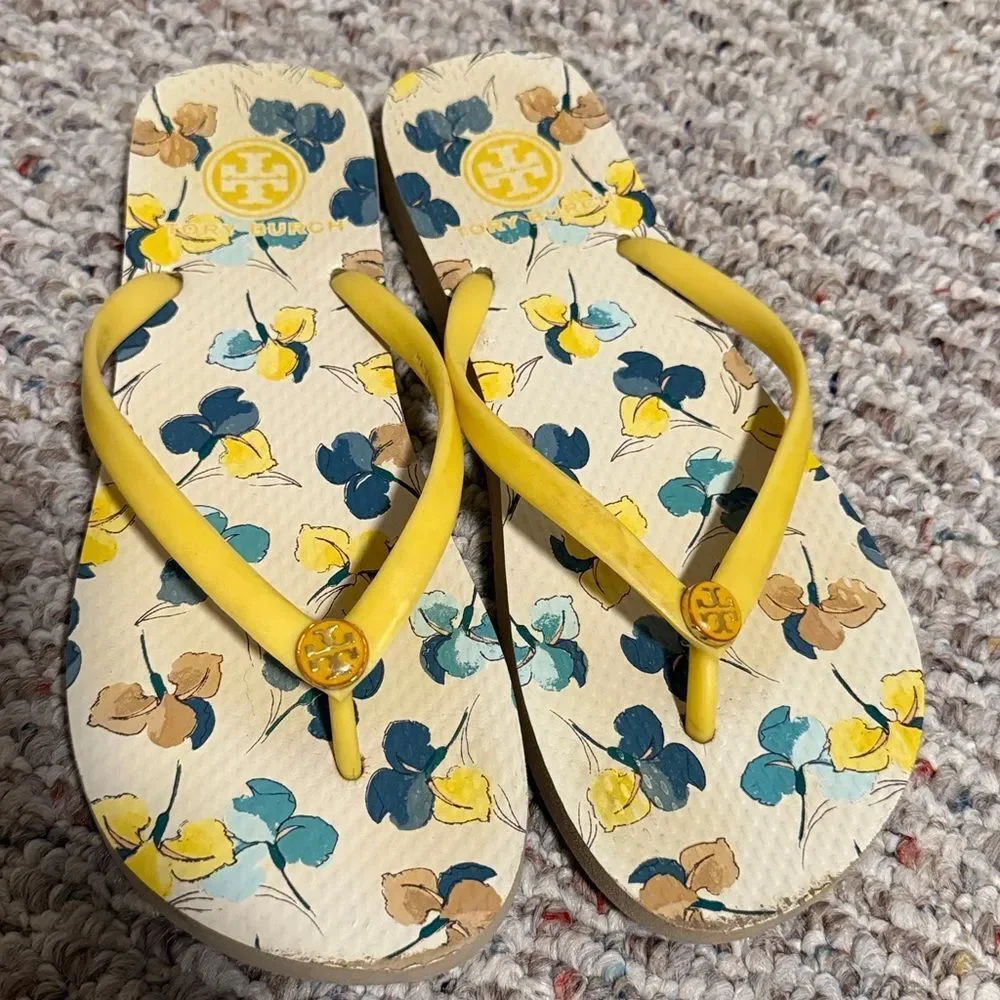 Tory Burch Floral Flip Flops Yellow Floral Slim Strap- Size 8